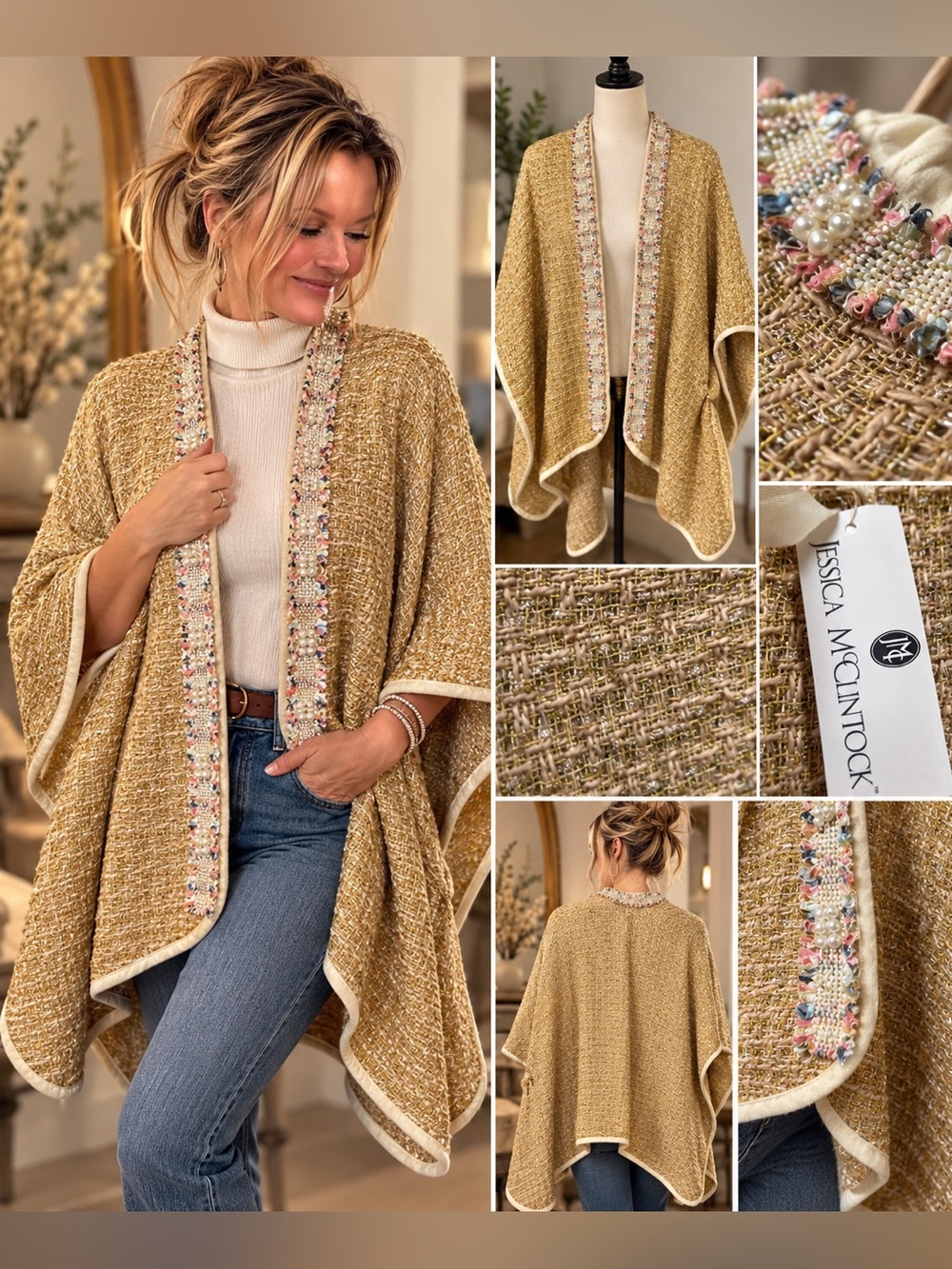Jessica McClintock NWT Gold Metallic Tweed Pearl Trim Cape Poncho One Size